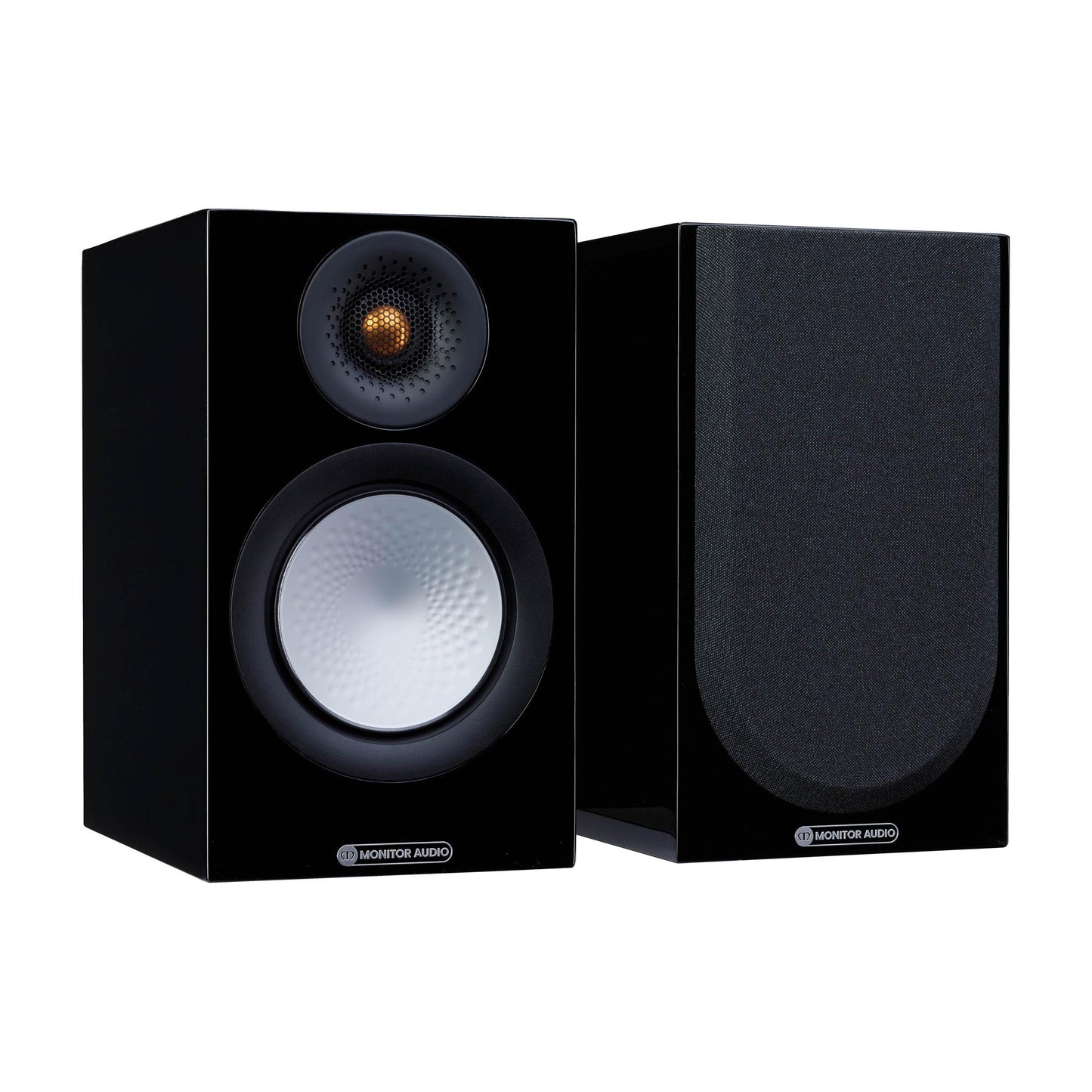 Pair of black speakers with visible brand logo on a white background