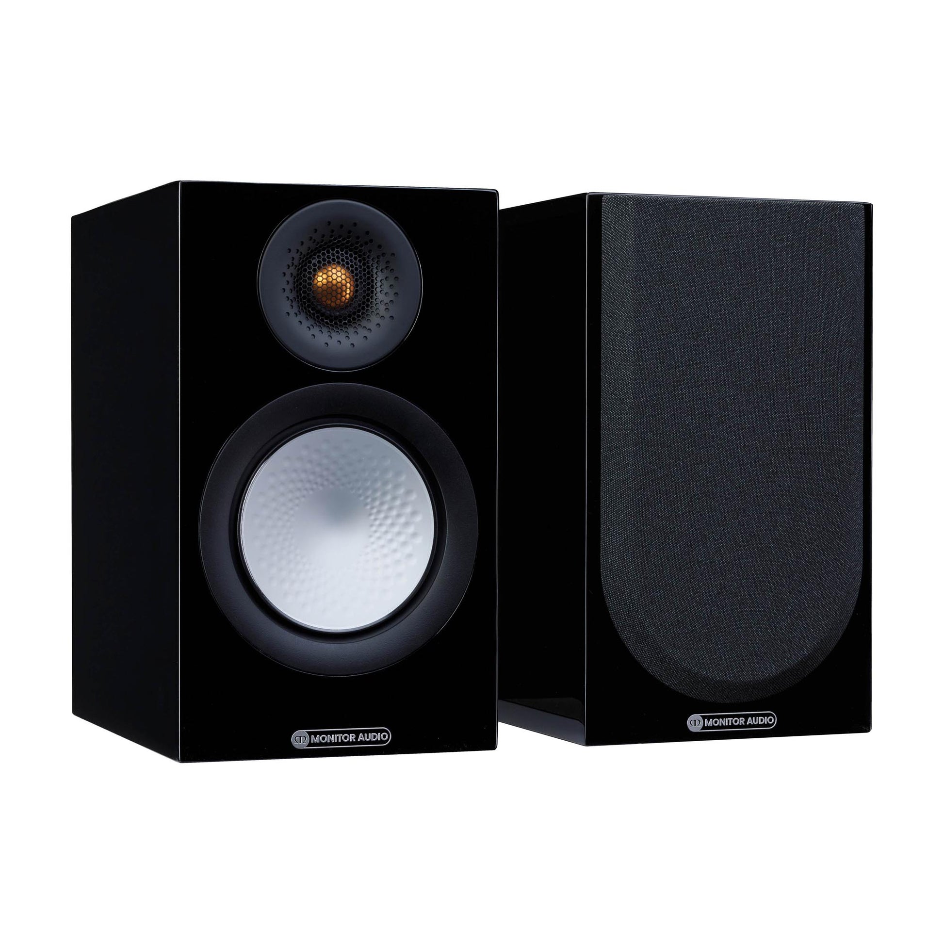Pair of black speakers with visible brand logo on a white background