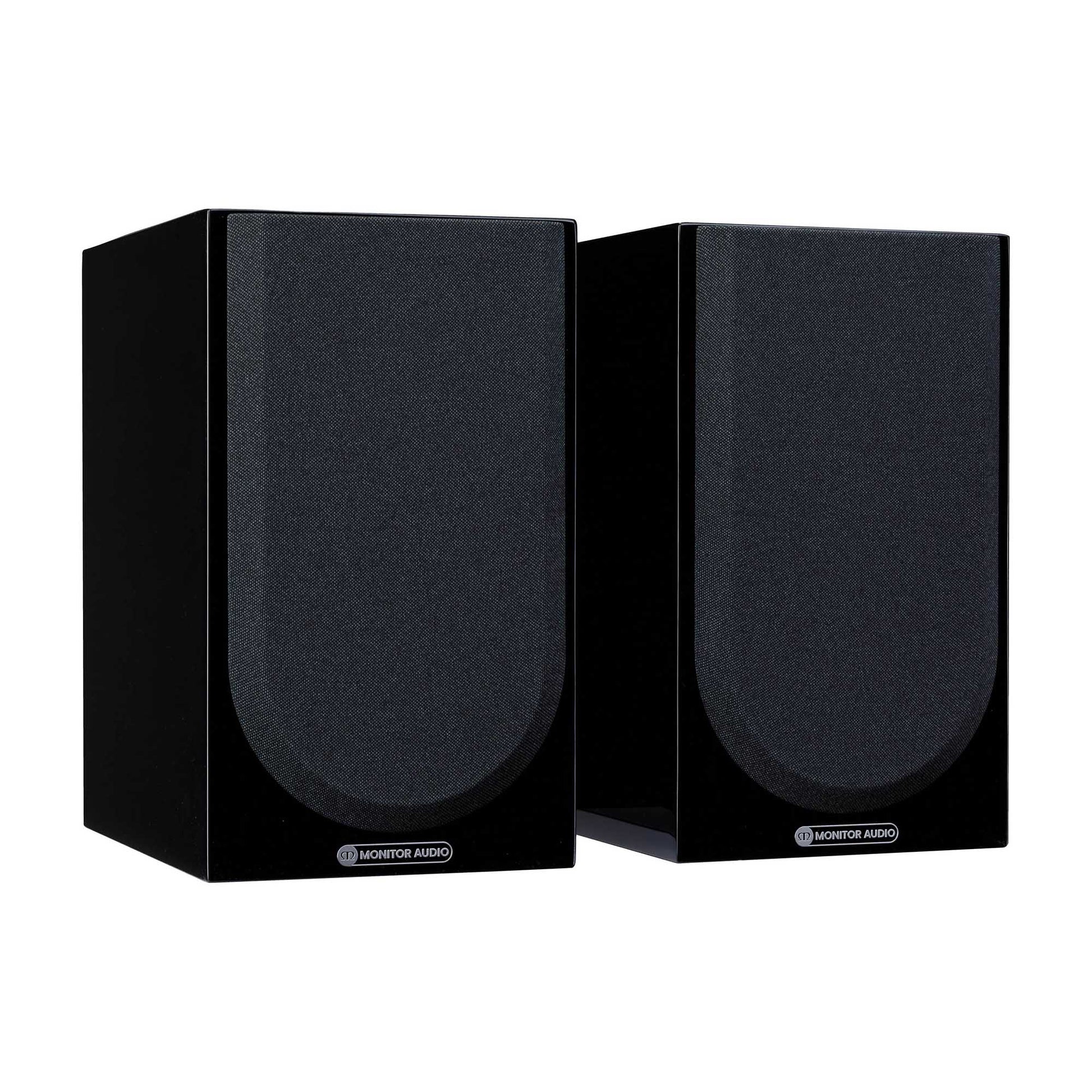 Pair of black speakers on a white background