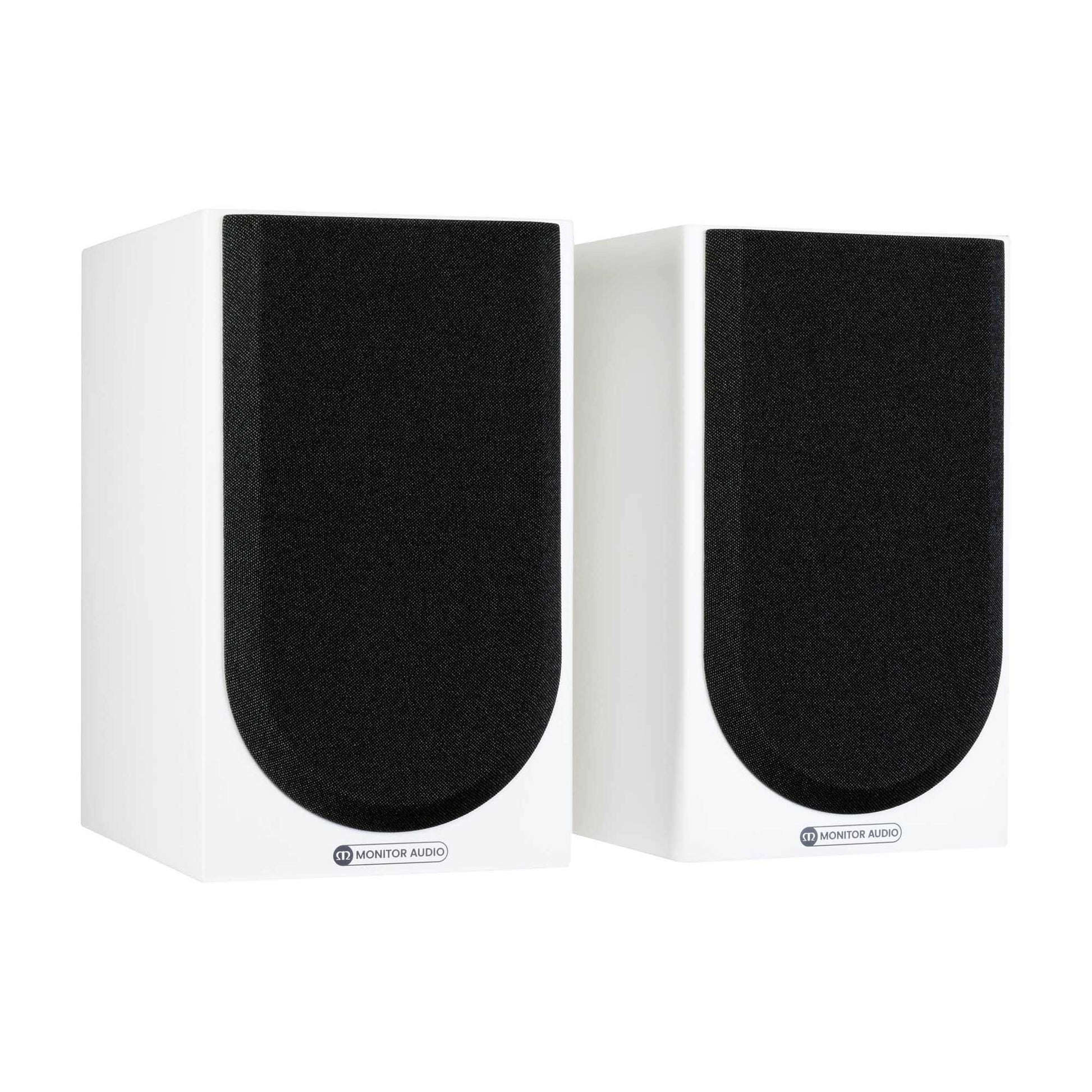Pair of white speakers with black grilles on a white background