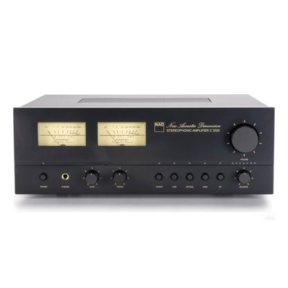 Front view of NAD C 3030 Stereo Integrated Amplifier on white background