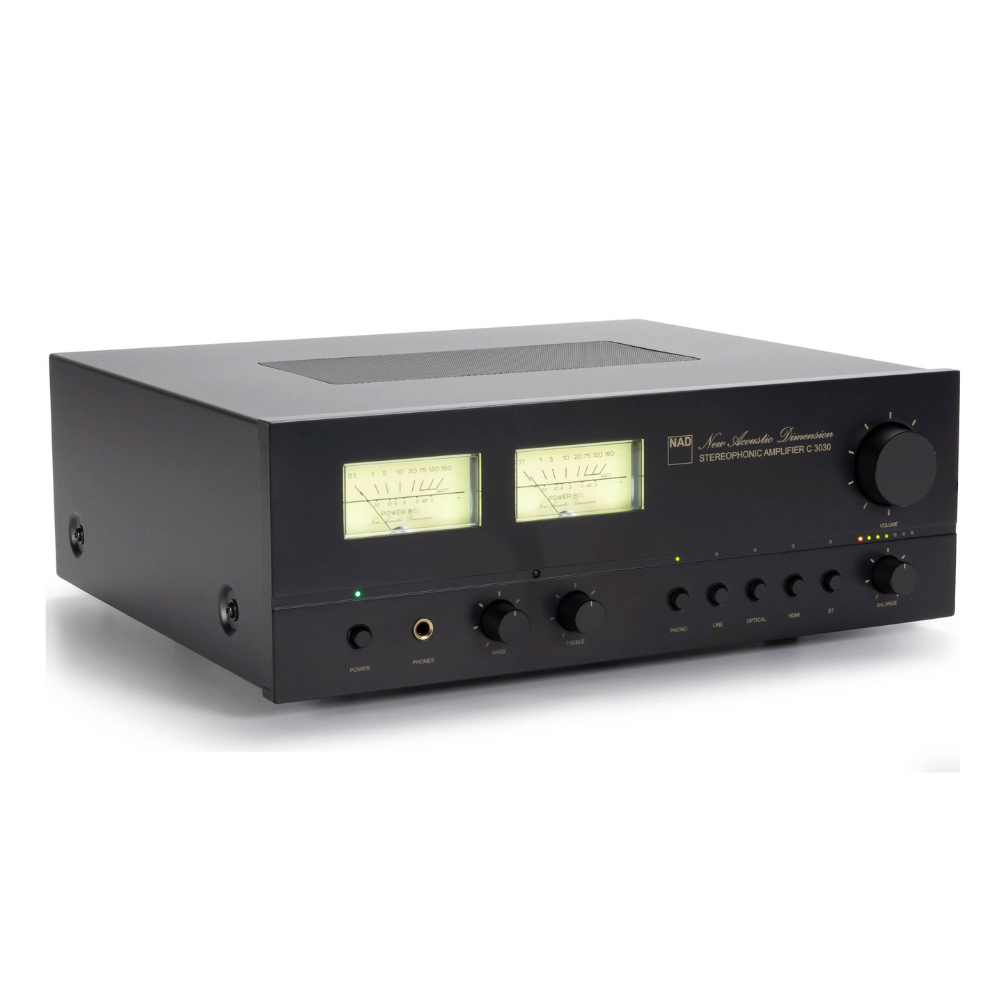 Front angle view of NAD C 3030 Stereo Integrated Amplifier on white background