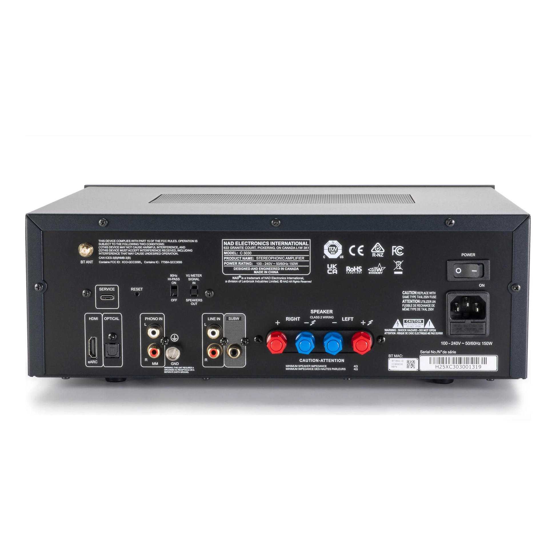 Back view of NAD C 3030 Stereo Integrated Amplifier on white background