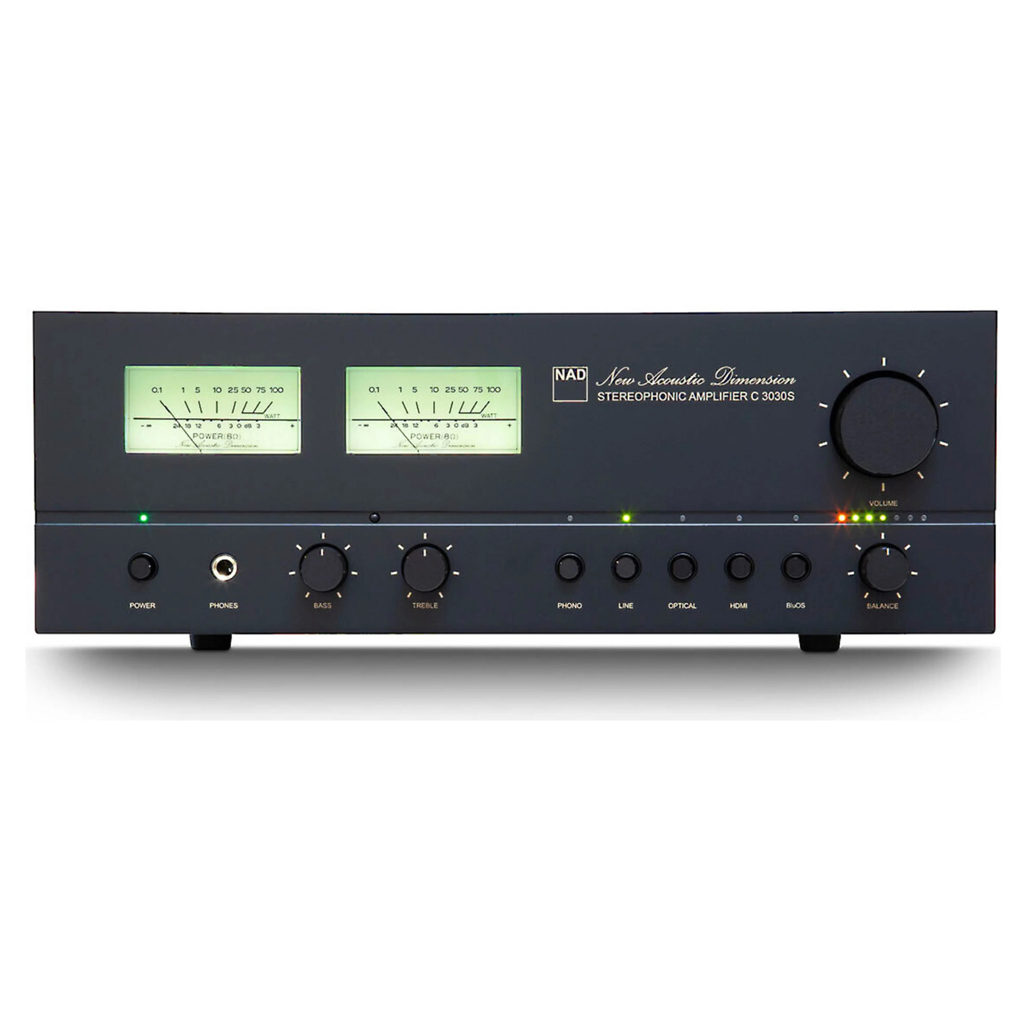 Front view of NAD C 3030S Stereo Integrated Amplifier on white background