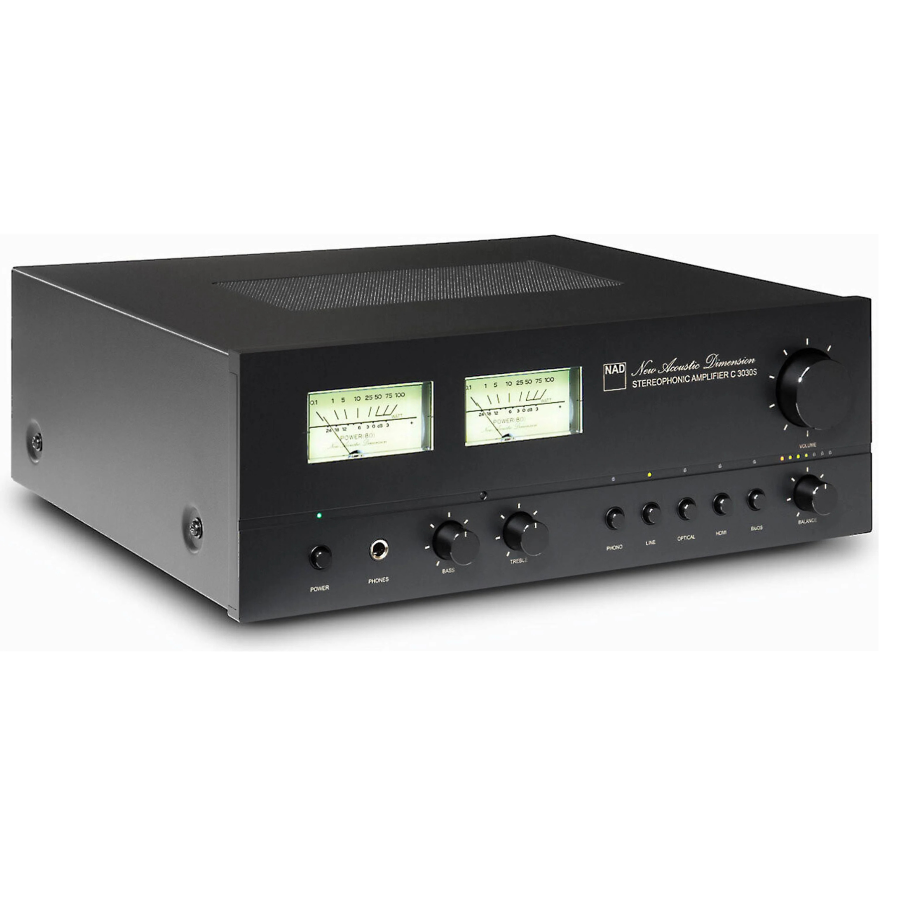 Front angle view of NAD C 3030S Stereo Integrated Amplifier on white background