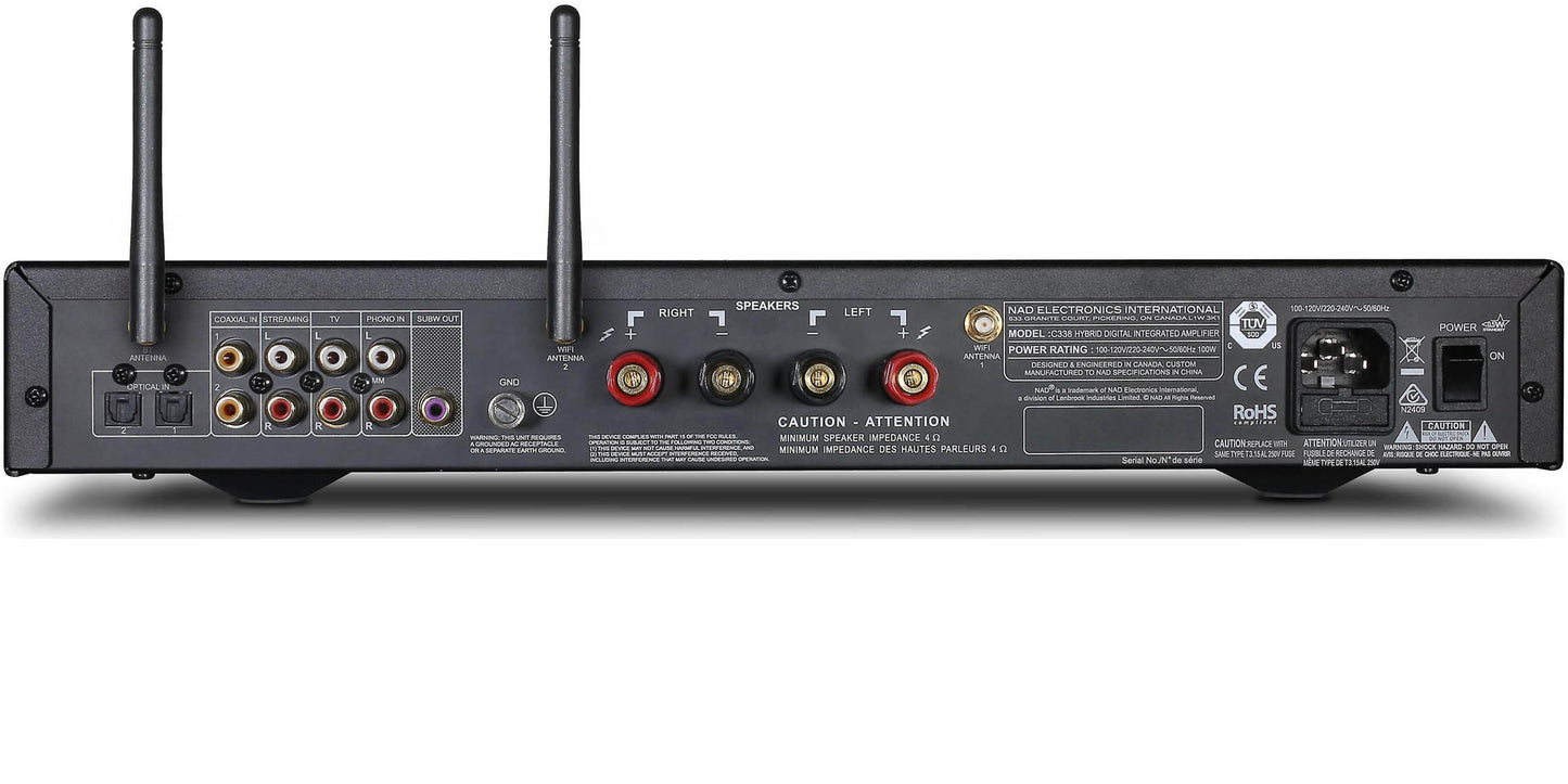 NAD C338 Stereo Integrated Amplifier - Rear view with antennas extended.
