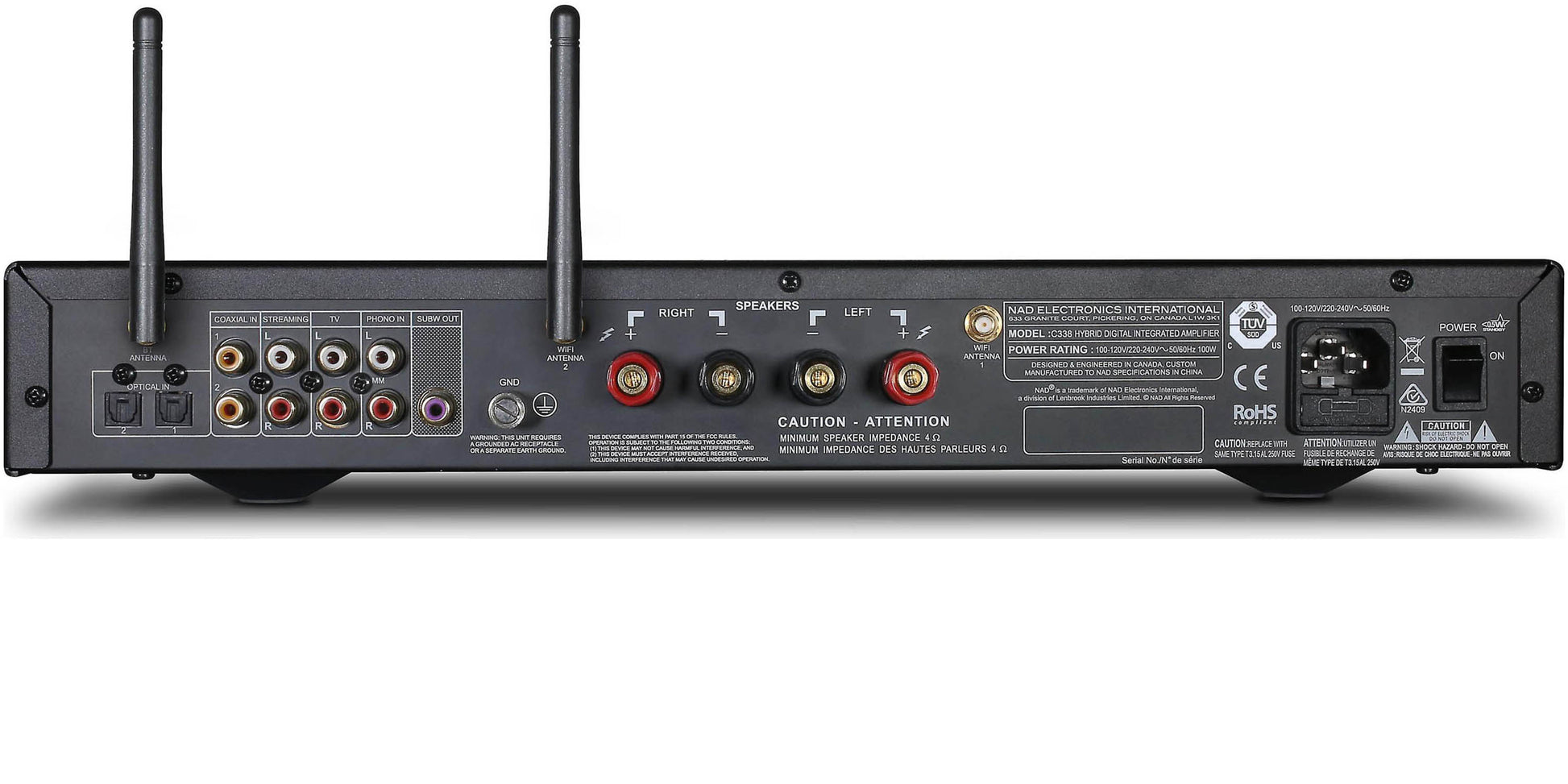 NAD C338 Stereo Integrated Amplifier - Rear view with antennas extended.