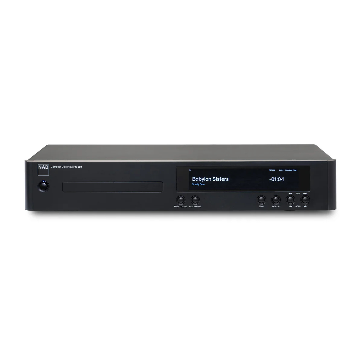 Black NAD C589 CD Player with digital display on a white background