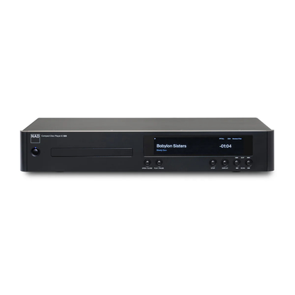 Black NAD C589 CD Player with digital display on a white background