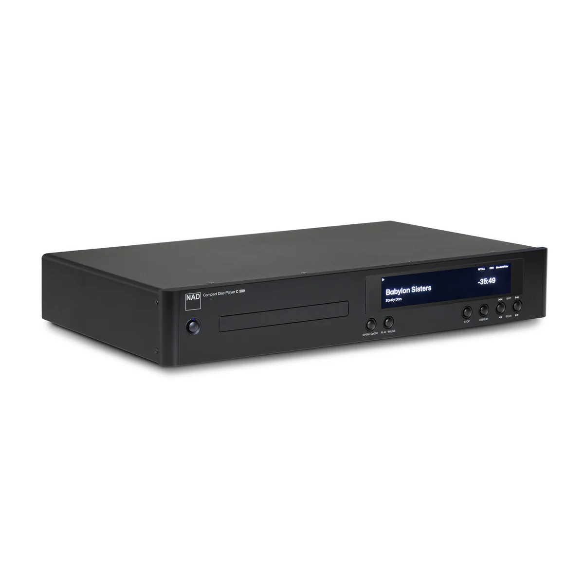 Black angle view of NAD C589 CD Player on white background
