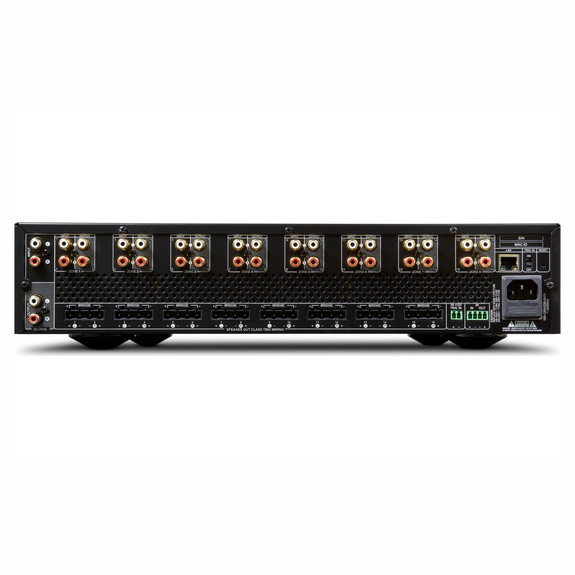 NAD CI 16-60 DSP 16 Channel Amplifier rear panel on white background