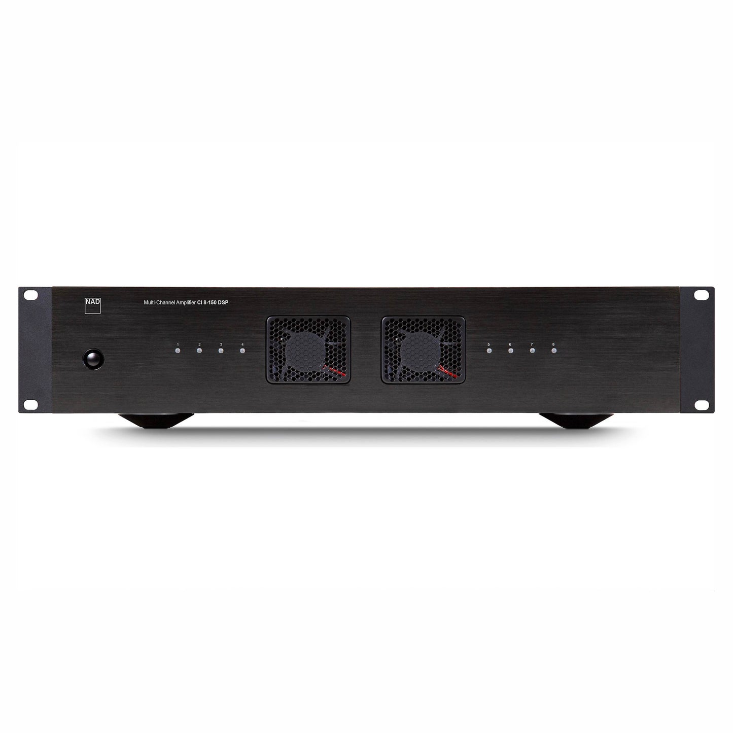 Front of NAD CI 8-150 DSP 8 Channel Amplifier on white background