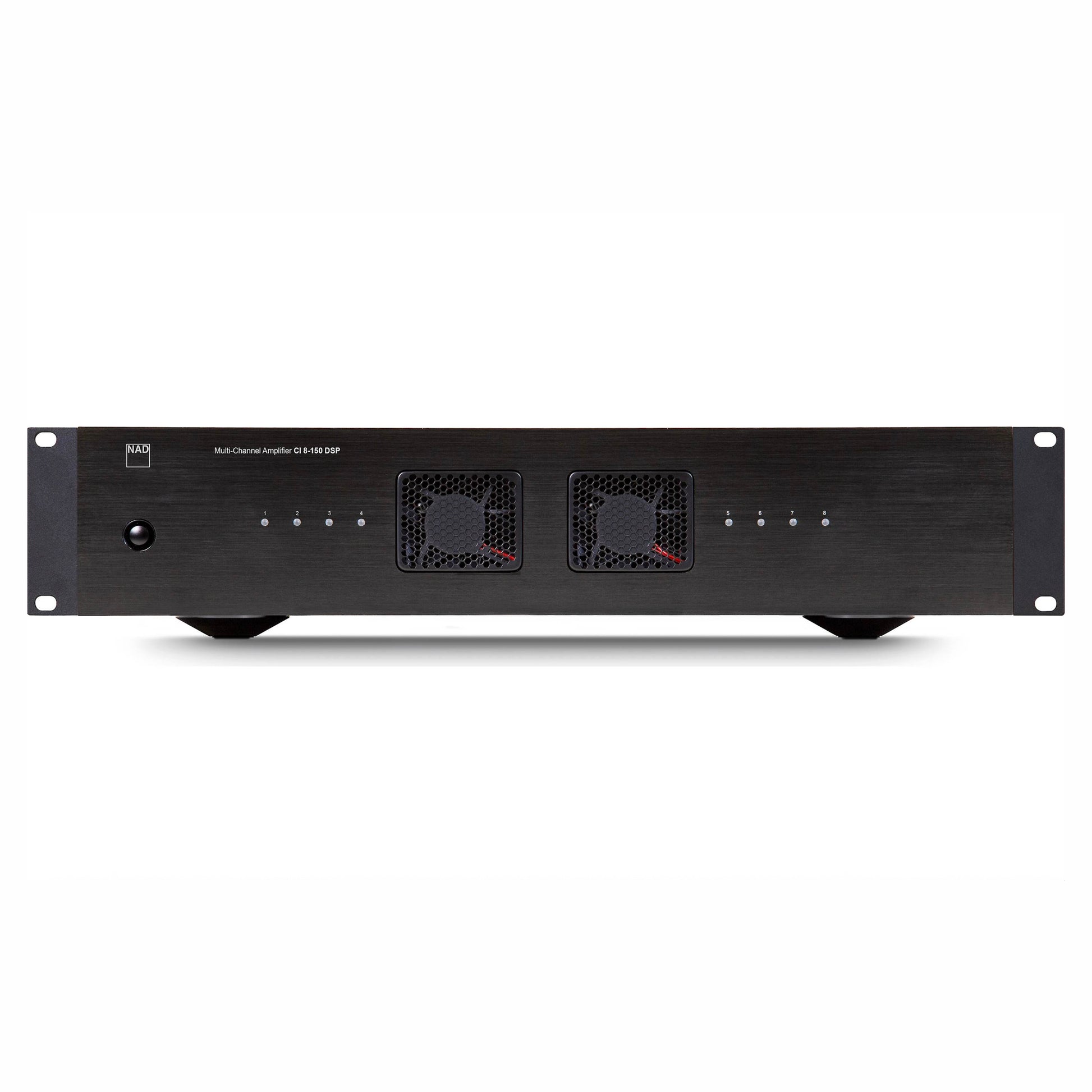 Front of NAD CI 8-150 DSP 8 Channel Amplifier on white background