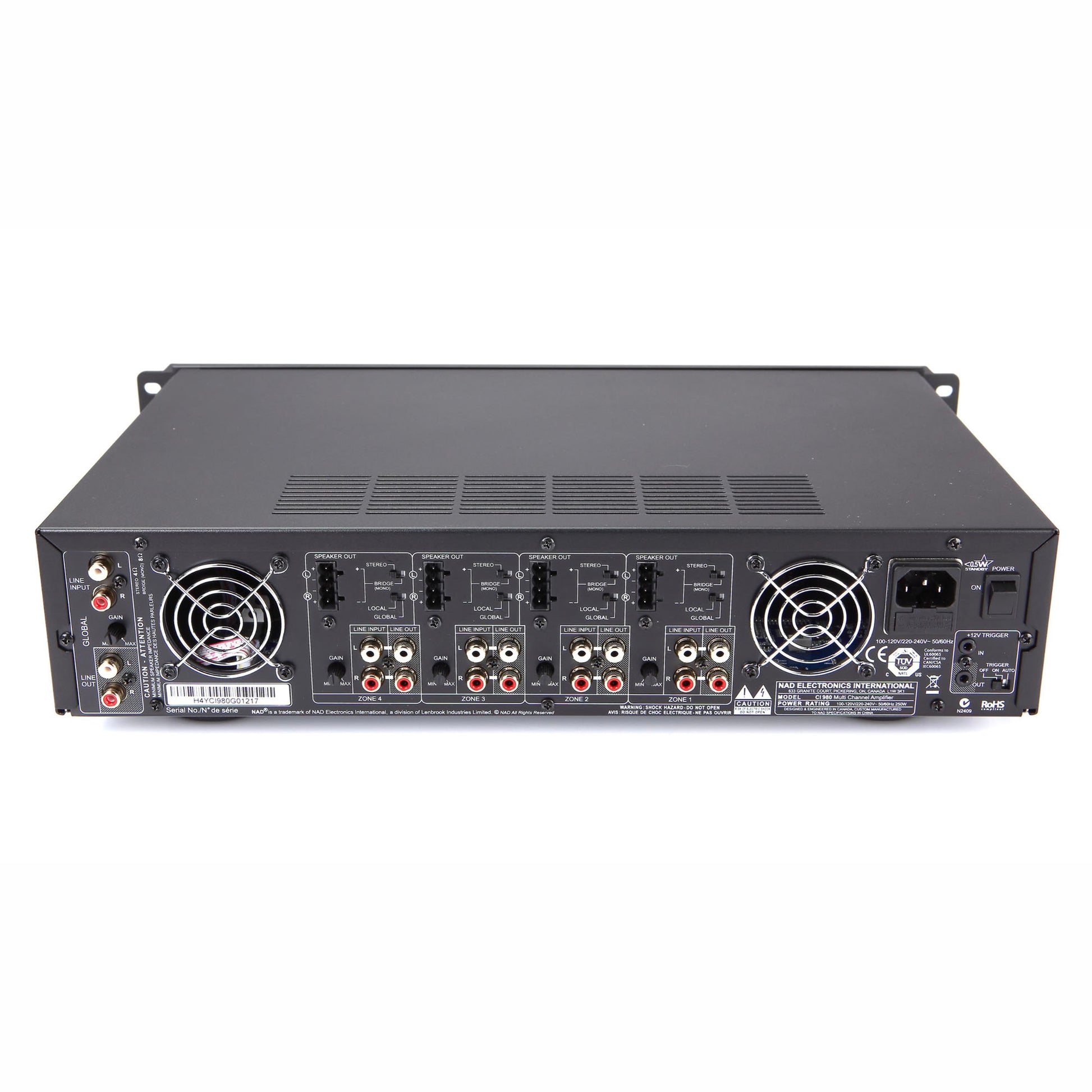 Rear of NAD CI 980 8 Channel Amplifier on white background