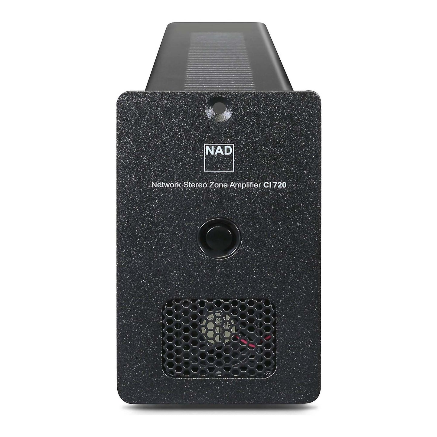 Black audio amplifier with NAD logo on a white background