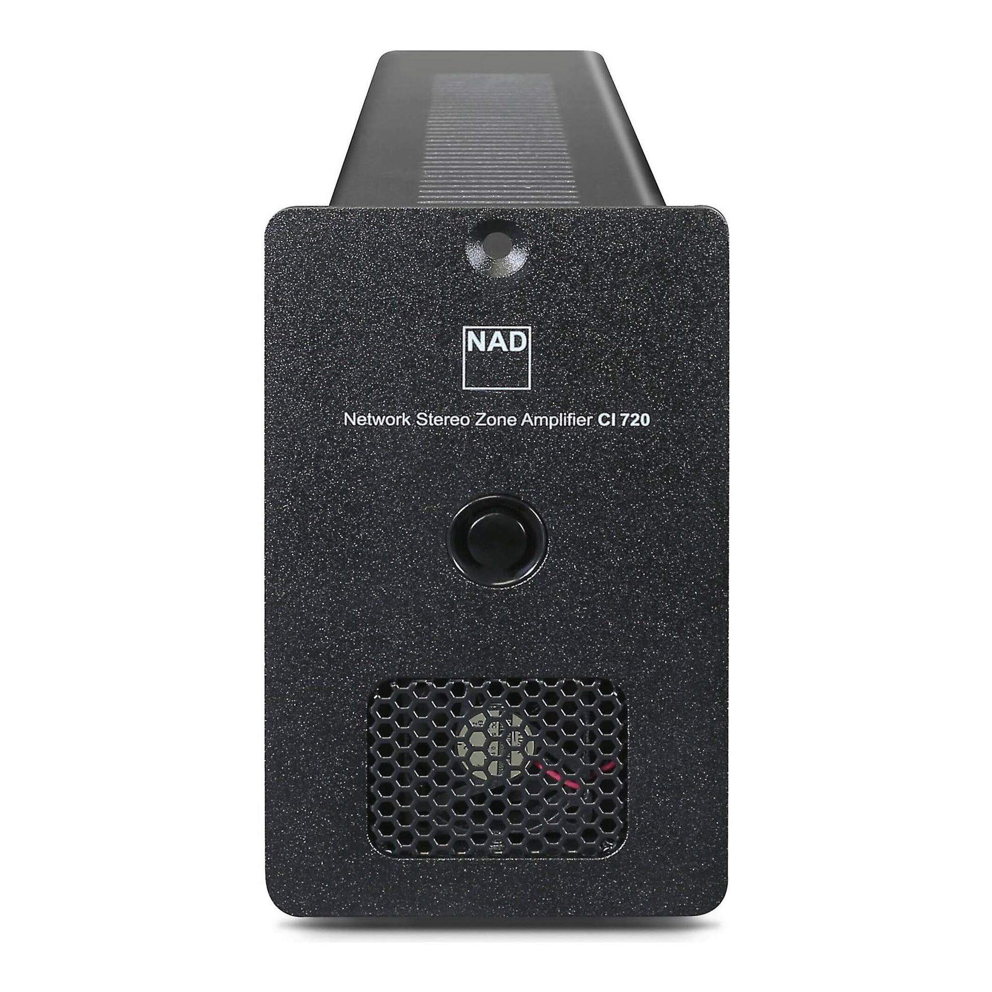 Black audio amplifier with NAD logo on a white background