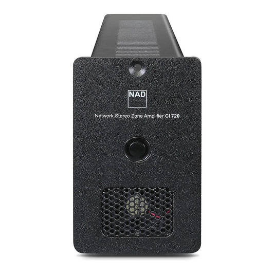 Black audio amplifier with NAD logo on a white background