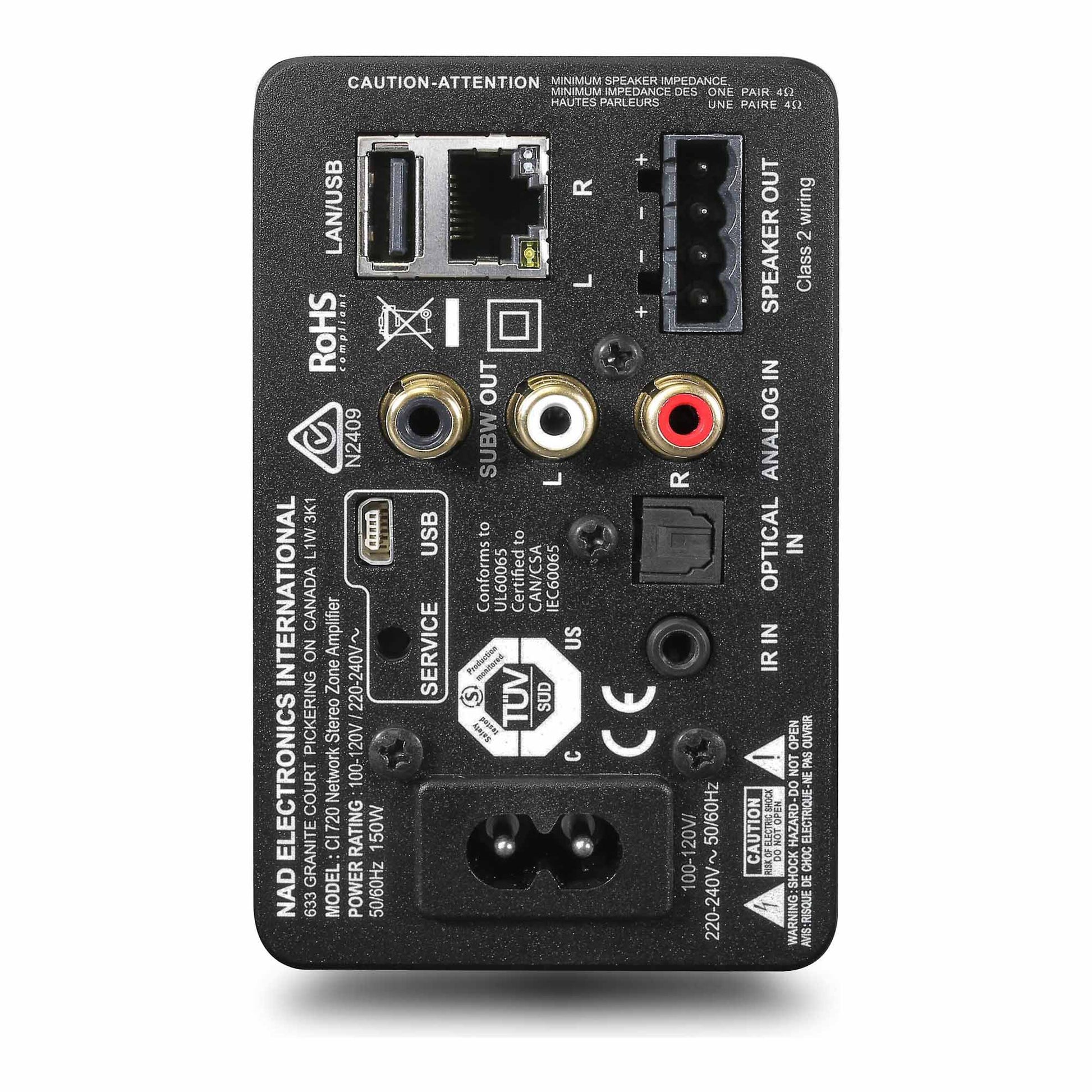 Back panel of a NAD CI 720 V2 with various connectors and labels on a white background