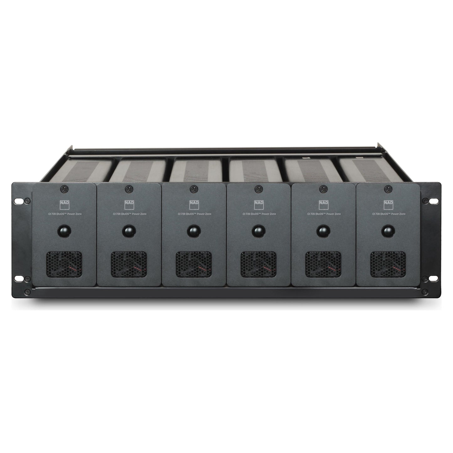 Rack-mounted NAD CI 720 V2 Streaming Amplifiers with multiple slots and connectors on a white background