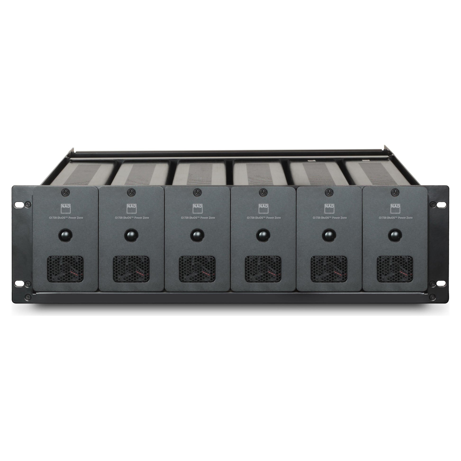 Rack-mounted NAD CI 720 V2 Streaming Amplifiers with multiple slots and connectors on a white background