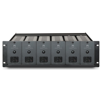 Rack-mounted NAD CI 720 V2 Streaming Amplifiers with multiple slots and connectors on a white background