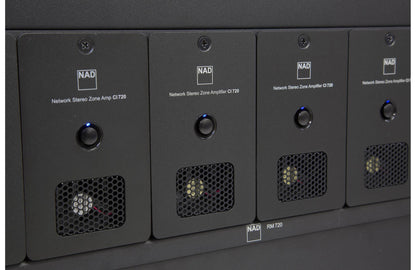Row of NAD C720 amplifiers with visible branding.