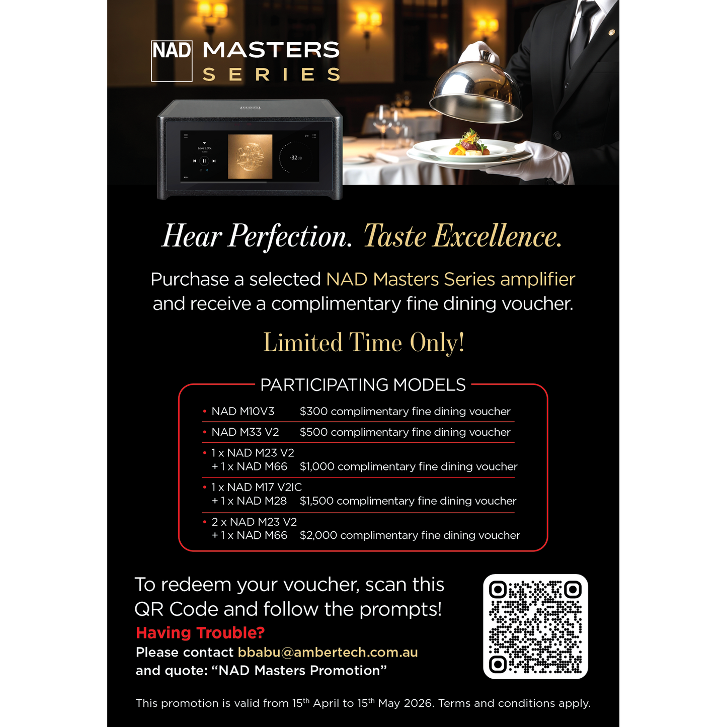 Advertisement for NAD Masters Series amplifier with fine dining offer and QR code.
