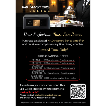 Advertisement for NAD Masters Series amplifier with fine dining offer and QR code.