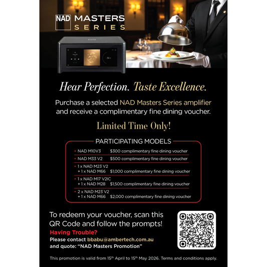 Advertisement for NAD Masters Series amplifier with fine dining offer and QR code.