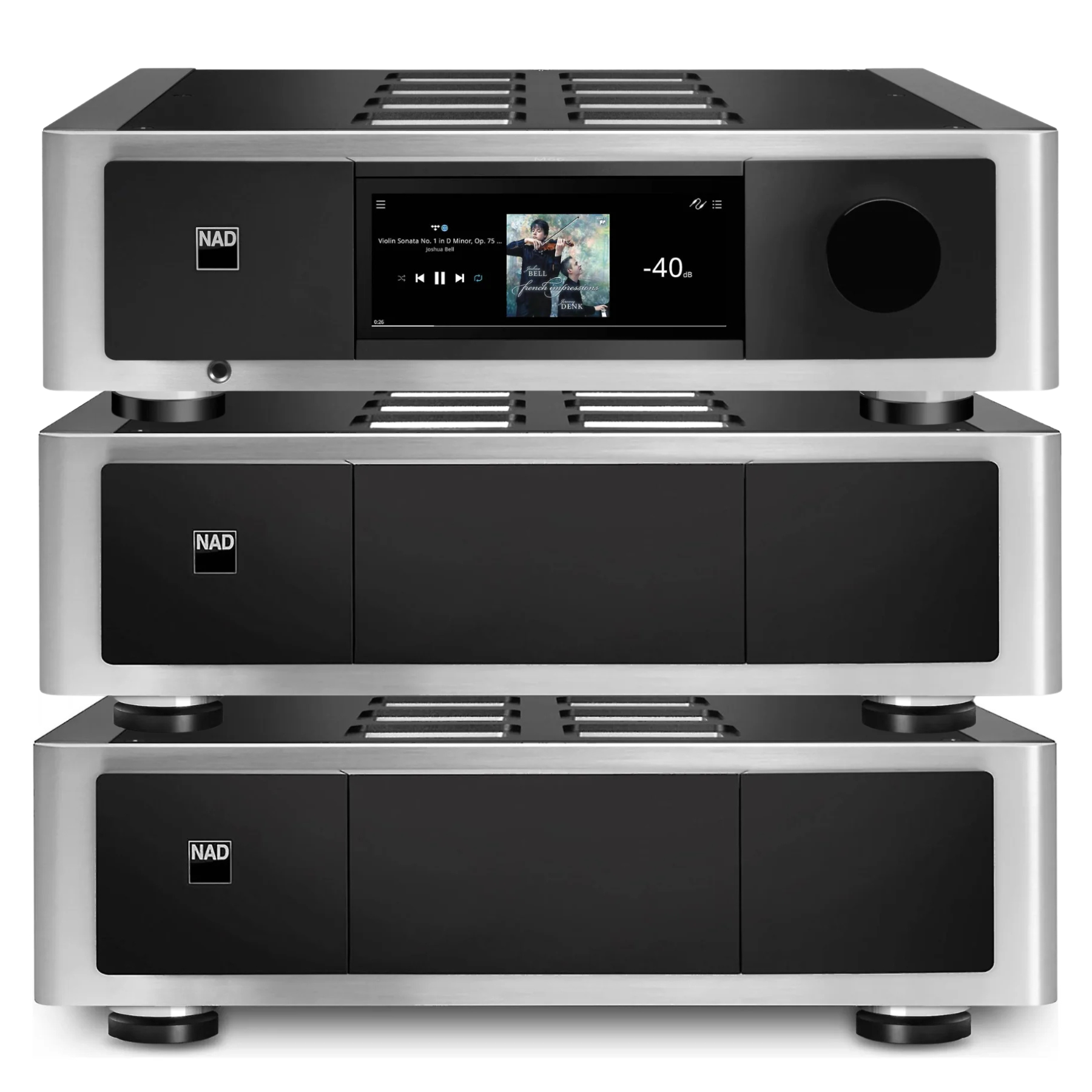 2 x NAD M23 V2 Power amps and 1 NAD M66 DAC Preamp on white background