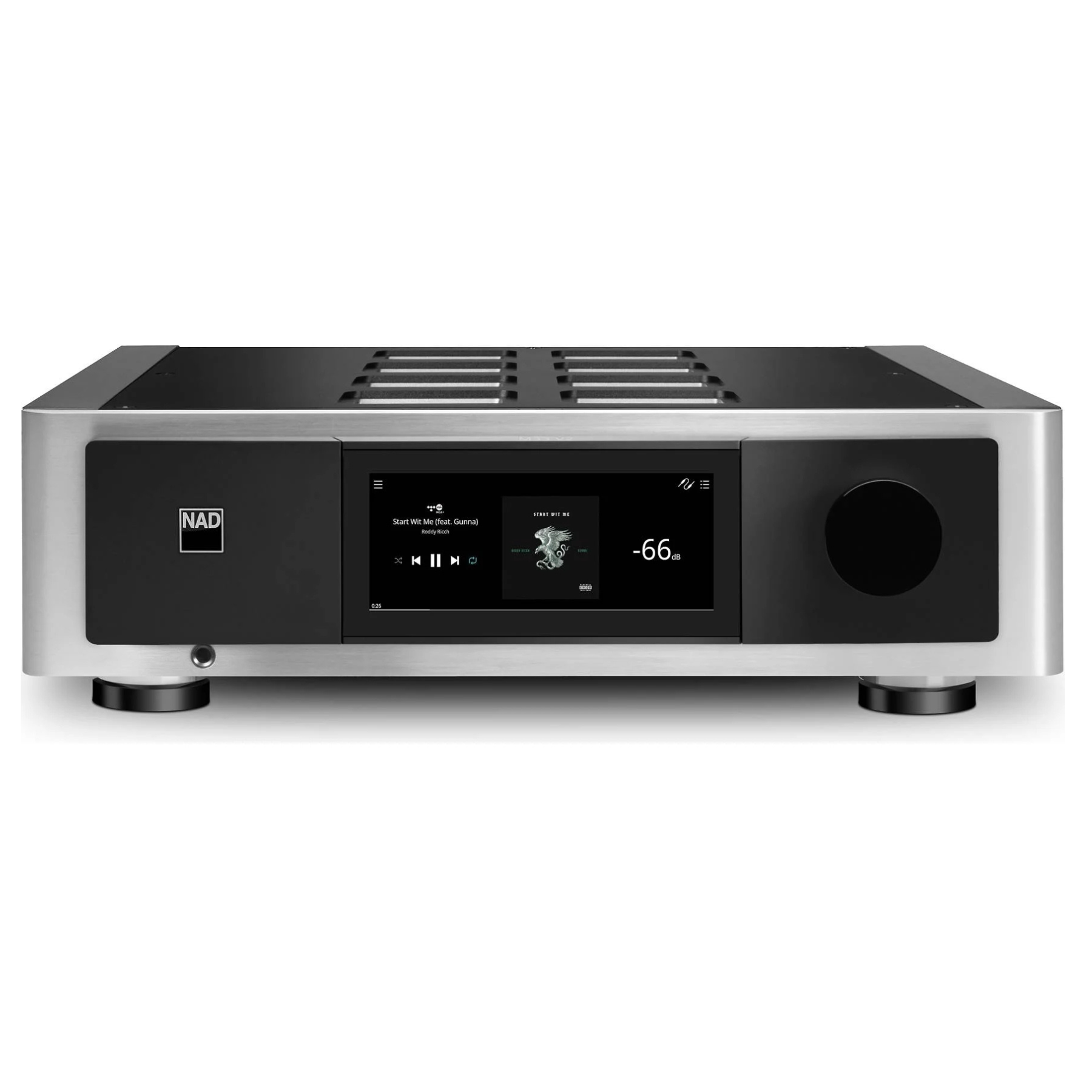 Front view of NAD Masters M33 V2 BluOS Streaming DAC Amplifier on white background