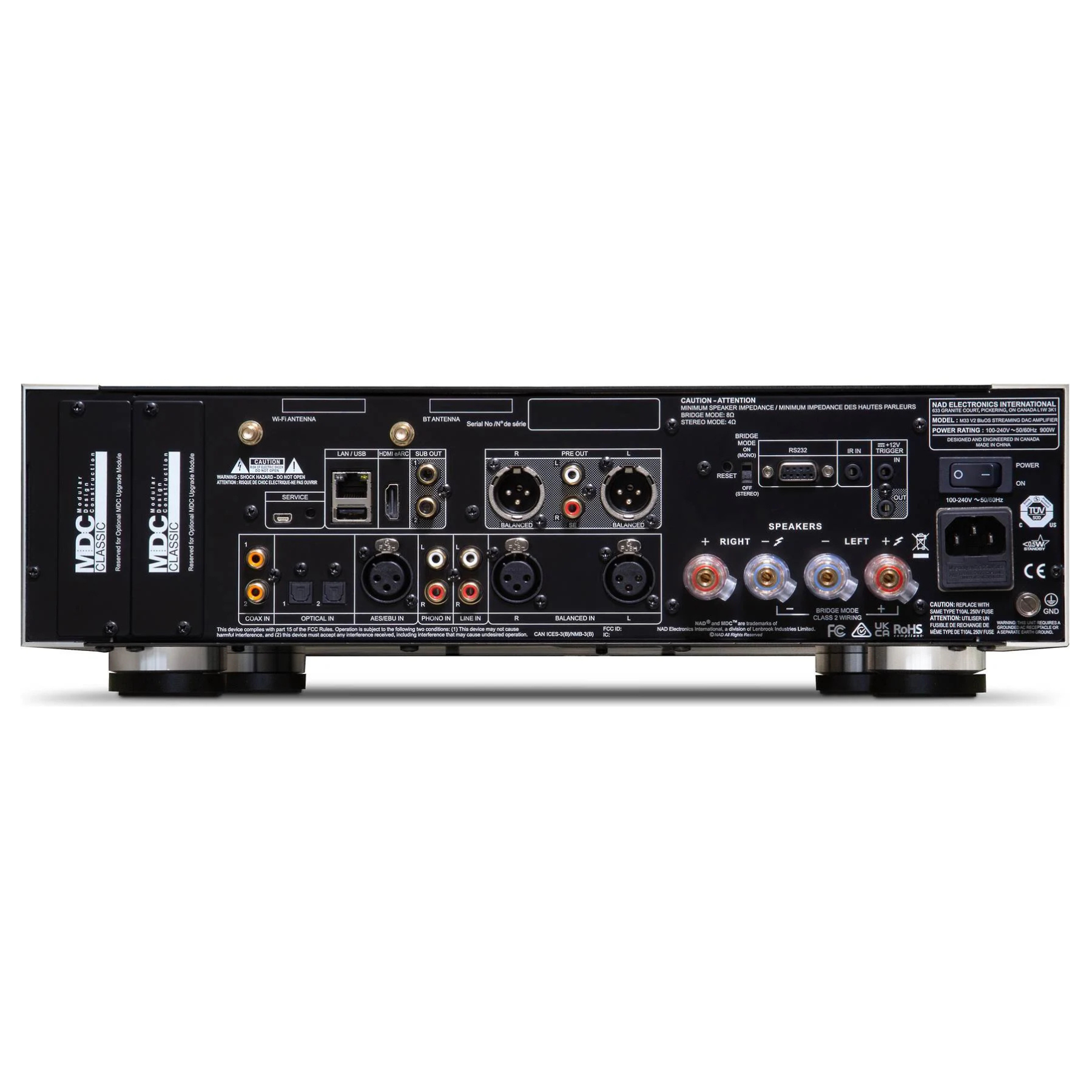 Back view of NAD Masters M33 V2 BluOS Streaming DAC Amplifier on white background