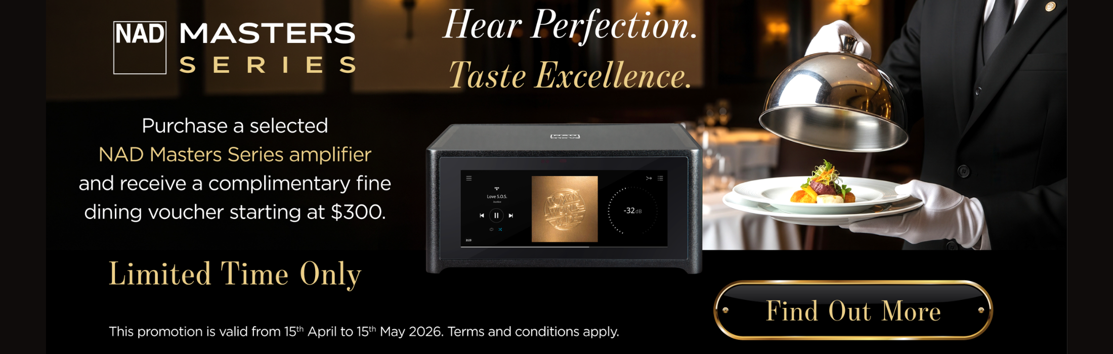 Advertisement for NAD Masters Series amplifier with a dining setup and offer details.