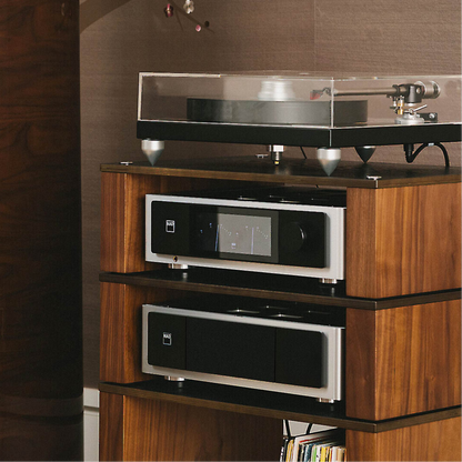 Wooden audio equipment cabinet with turntable and amplifiers on a brown background