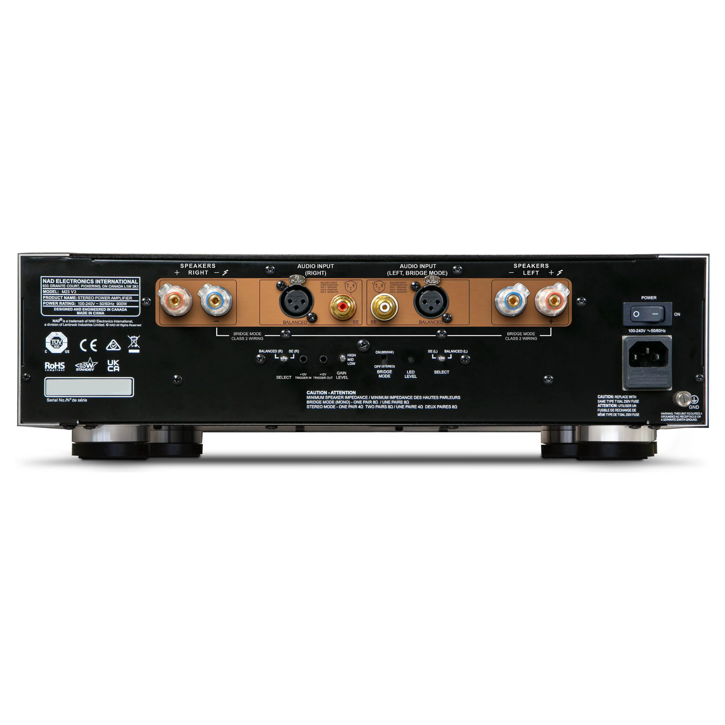 Back panel of NAD Masters M23 V2 Stereo Power Amplifier on white background