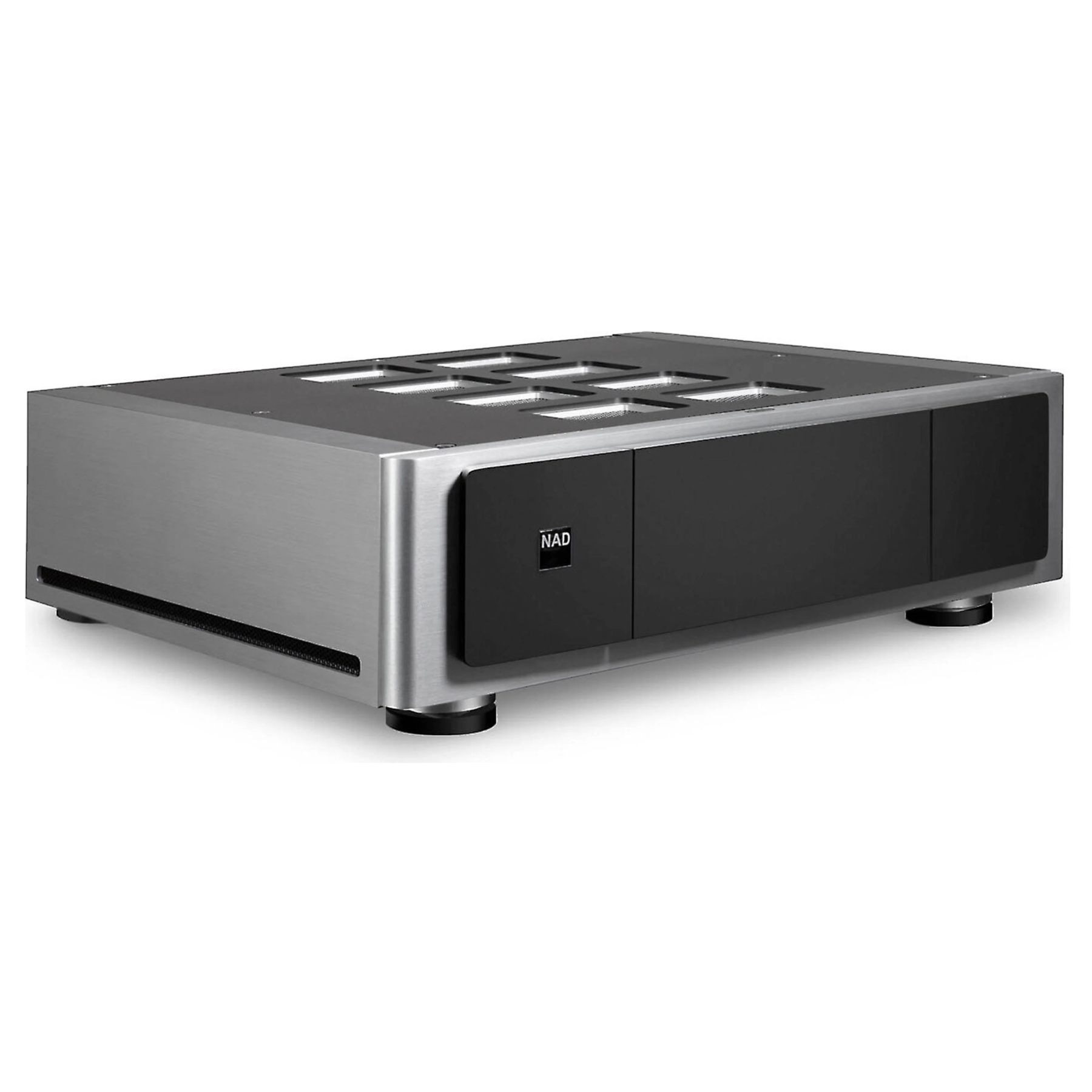 Front angle view of NAD Masters M23 V2 Stereo Power Amplifier on white background