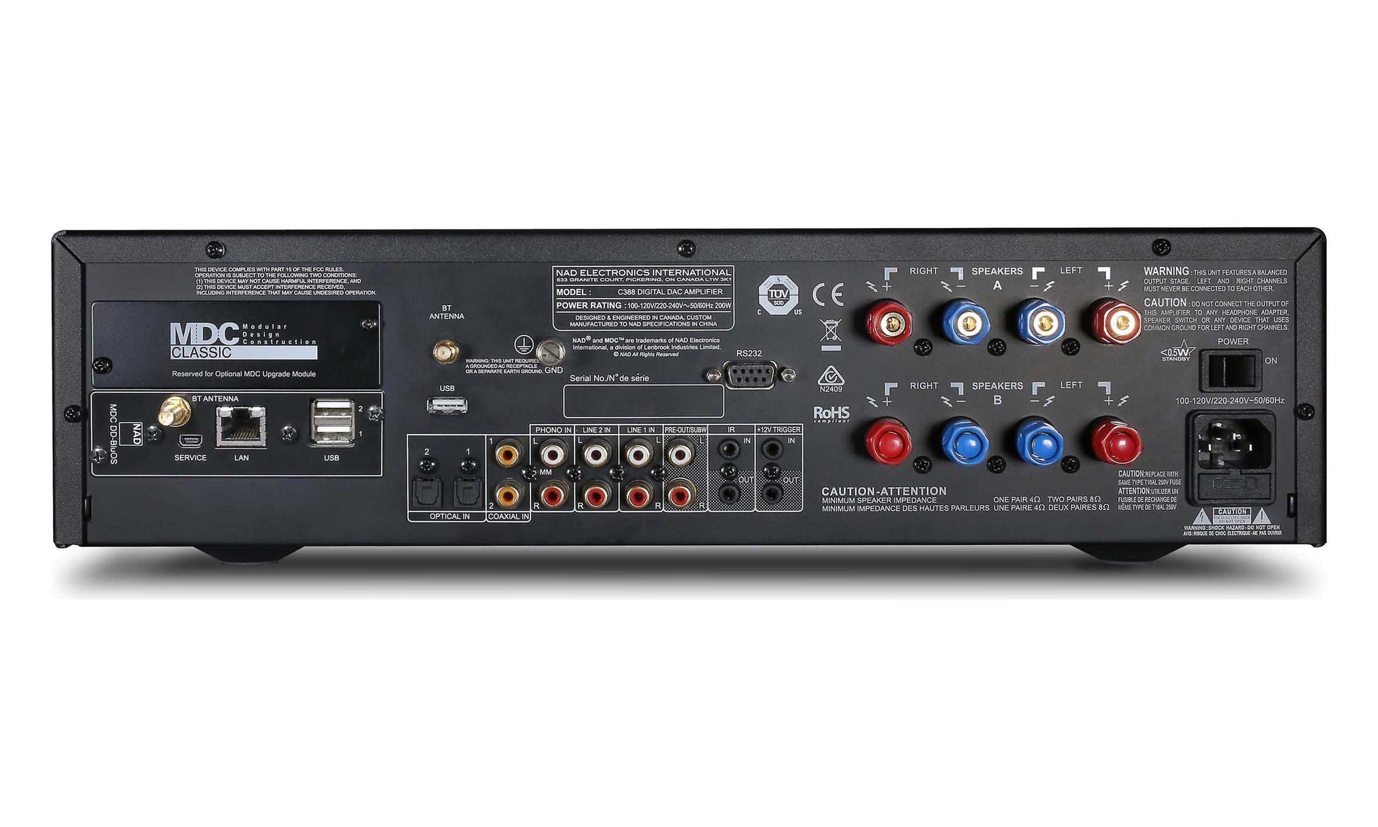 NAD C388 Stereo Integrated Amplifier - Rear view with BluOs module installed (sold separately)