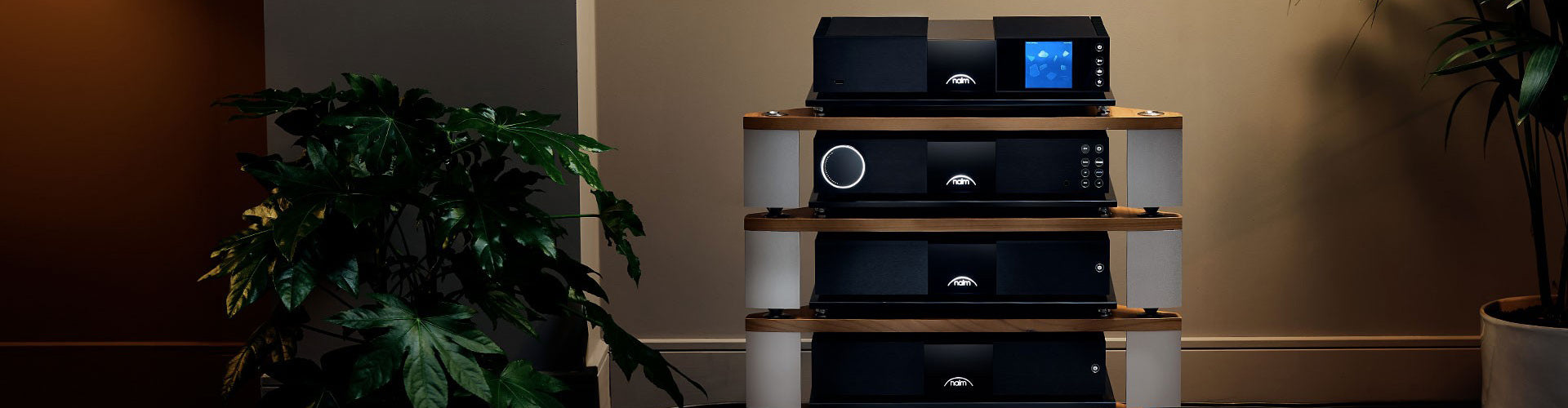 Audio equipment on a wooden stand with plants in the background