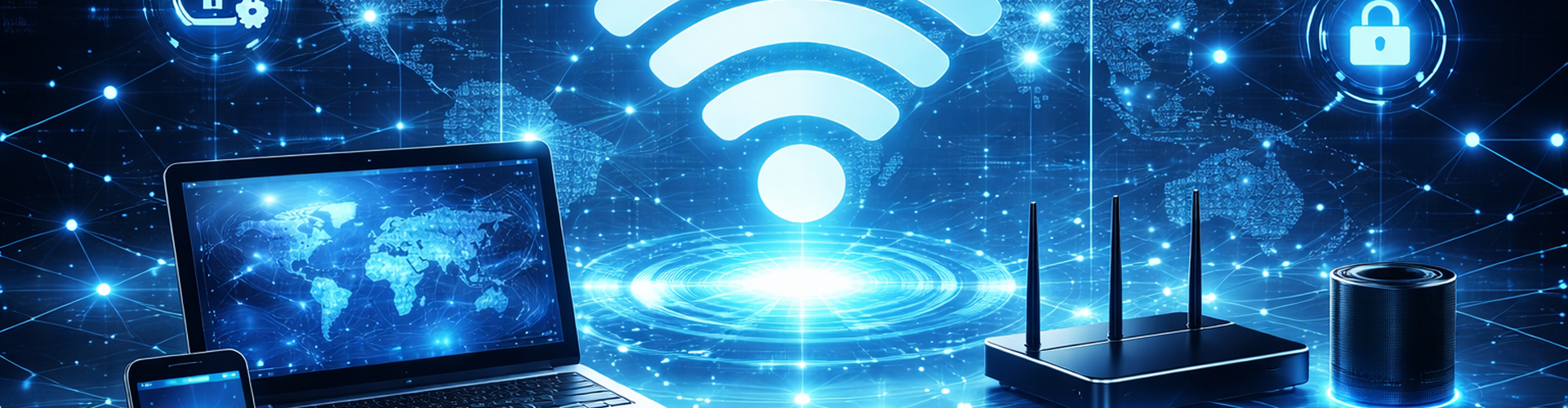 Laptop, smartphone, router, and Wi-Fi symbols on a blue tech-themed background