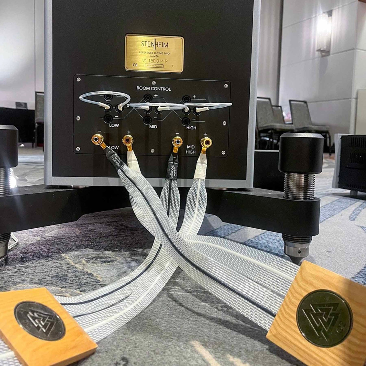 Nordost speaker cables plugged into back of speaker