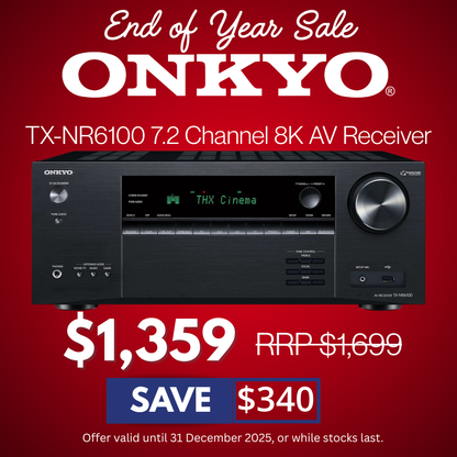 Onkyo TX-NR6100 AV receiver on a red background with promotional text.