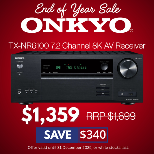 Onkyo TX-NR6100 AV receiver on a red background with promotional text.