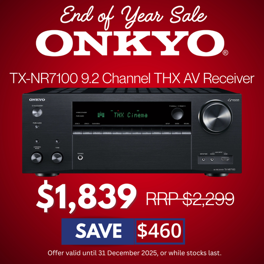 Onkyo TX-NR7100 AV receiver advertisement with a red background and price tag.
