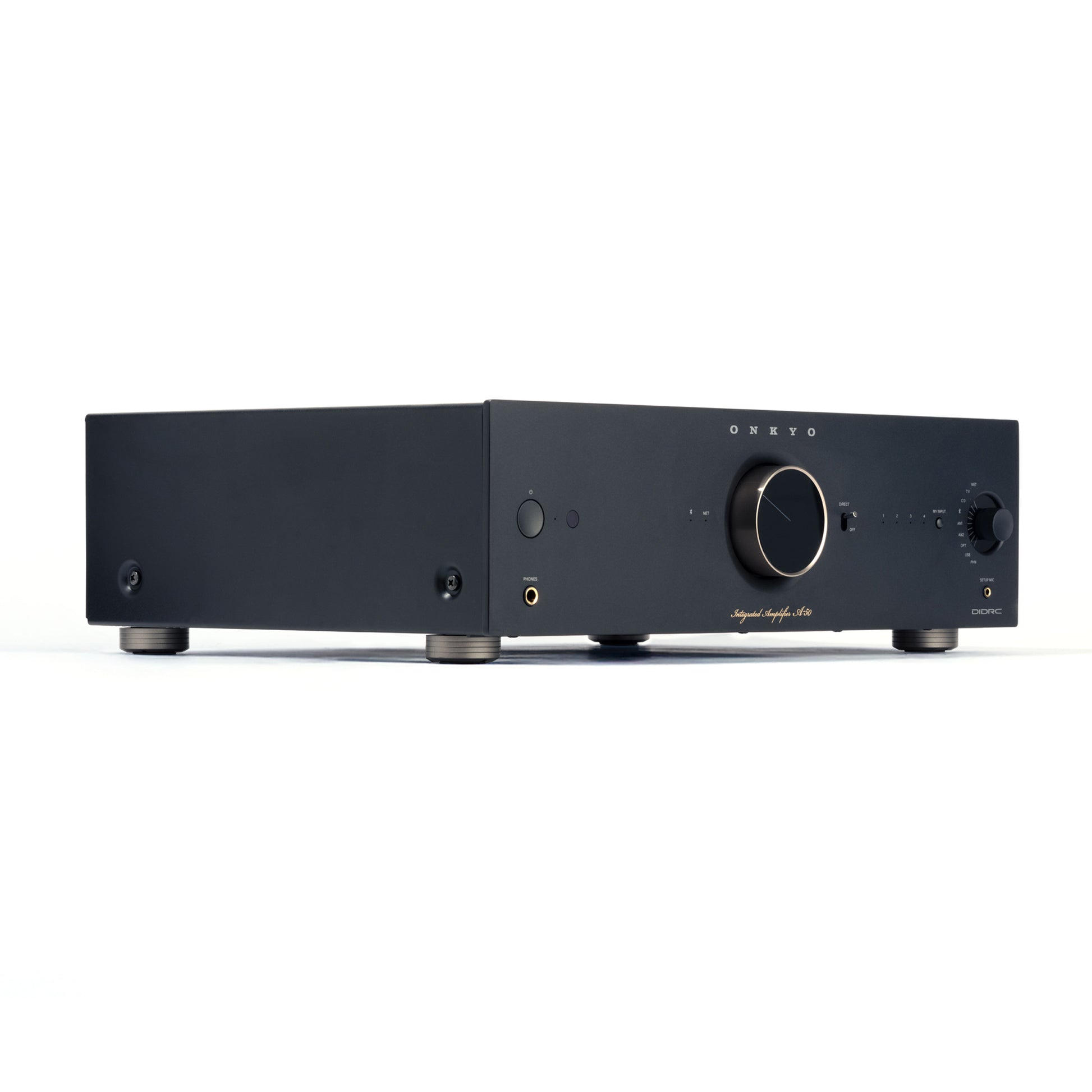 Angle view of black Onkyo A-50 Network Integrated Amplifier