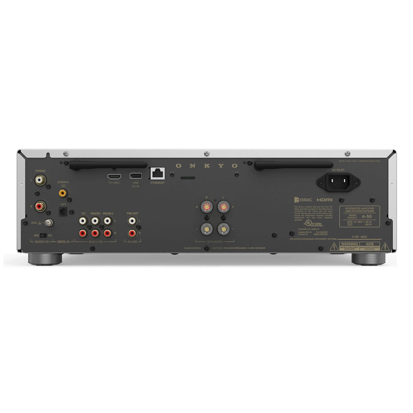 Back view of an Onkyo audio component on a white background