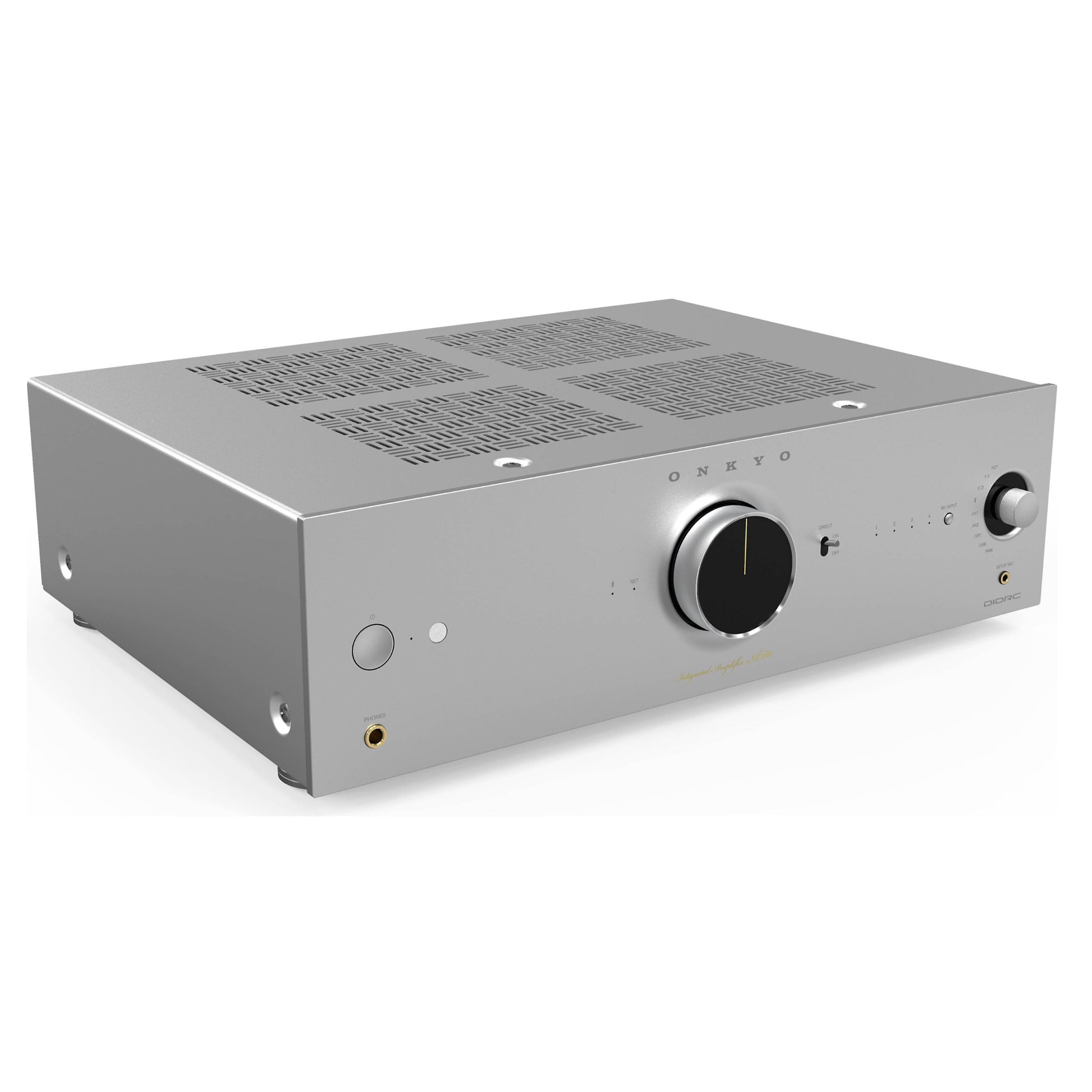 Front angle of silver Onkyo A-50 Network Integrated Amplifier