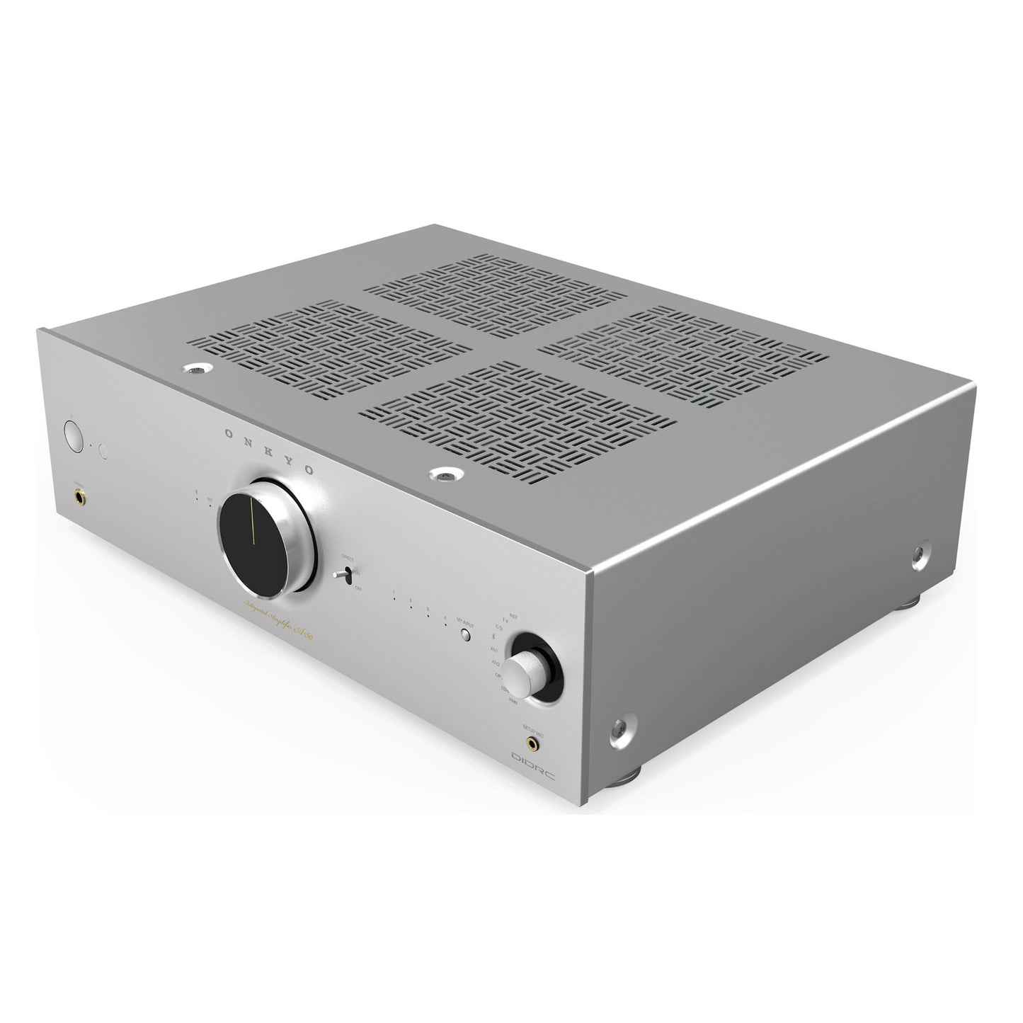 Angle view of silver Onkyo A-50 Network Integrated Amplifier