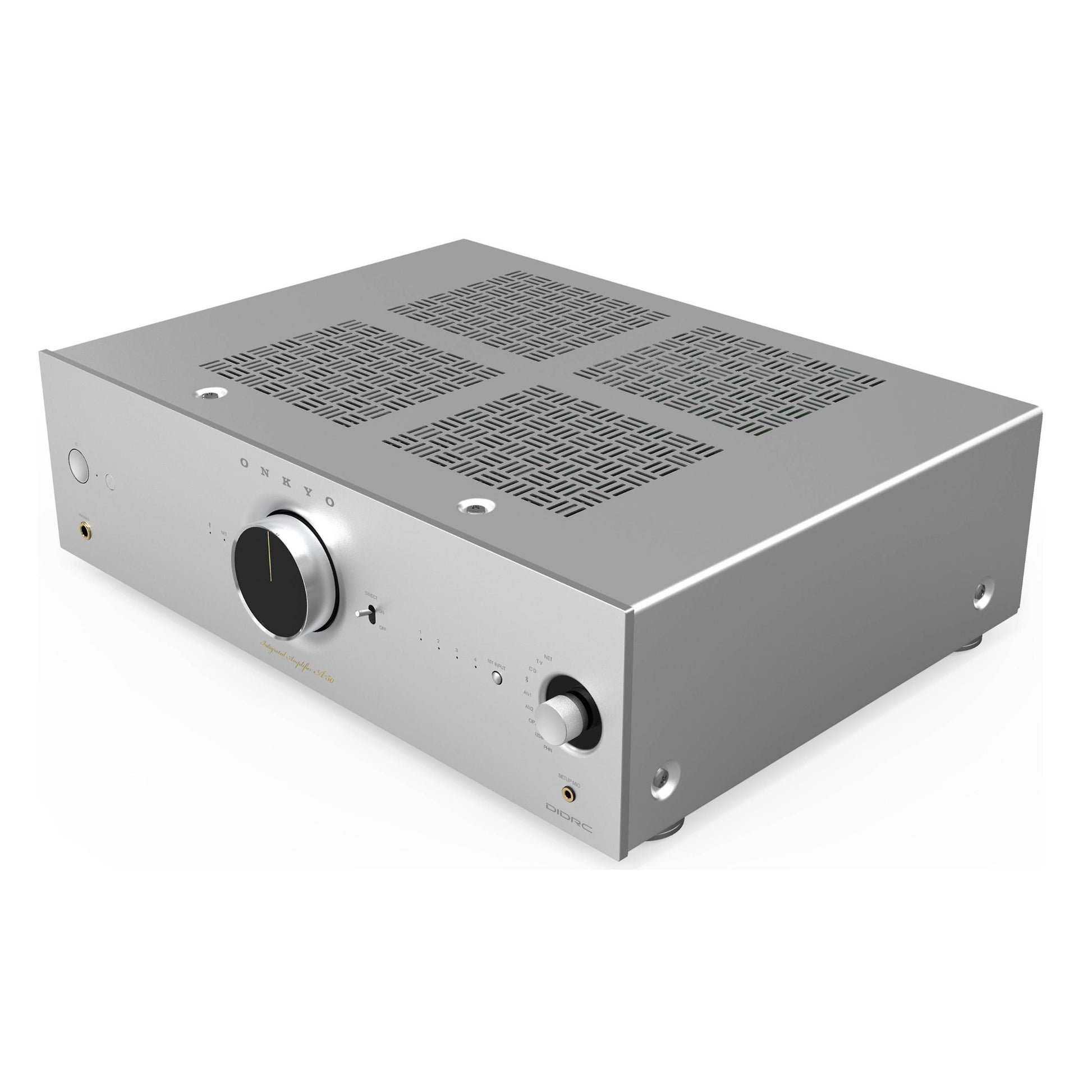 Angle view of silver Onkyo A-50 Network Integrated Amplifier