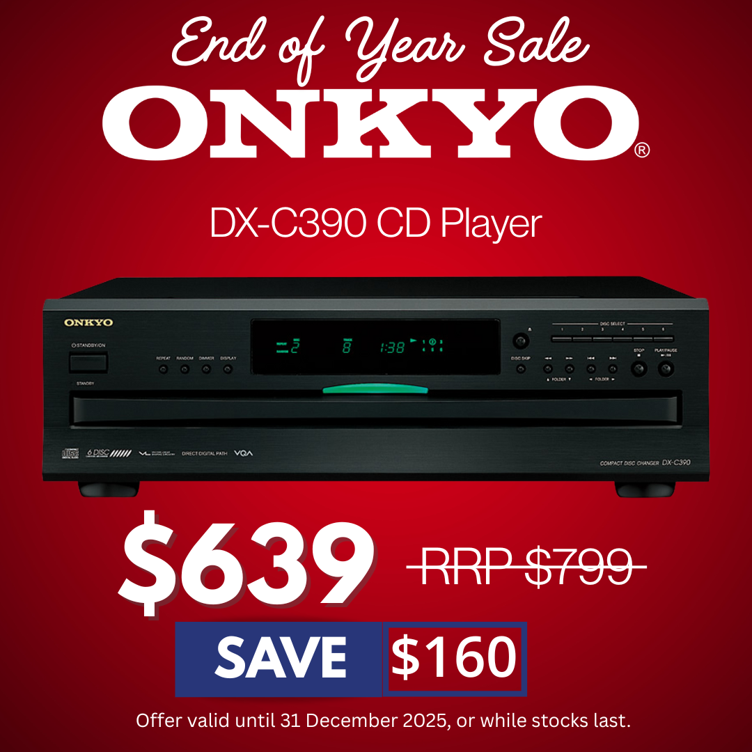 onkyo cd player with sale text on red background