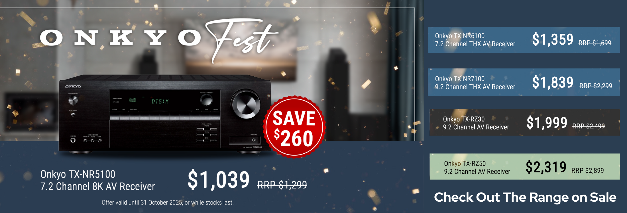 Onkyo audio receiver with price tag and 'Onkyo Fest' promotion on a dark background